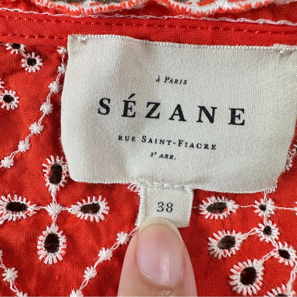 Sezane Antika Blouse Ecru On Coral 38 Fr US 6 Embroidered Button V-Neck Eyelet - Picture 2 of 11